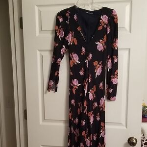 Zara Black Floral Long Sleeve Dress,size M
